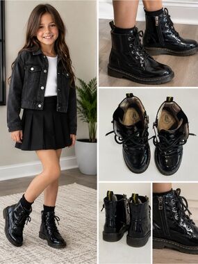 Hush Puppies Kids Black Patent Combat Boots Side Zip Lace Up Size US 1.5